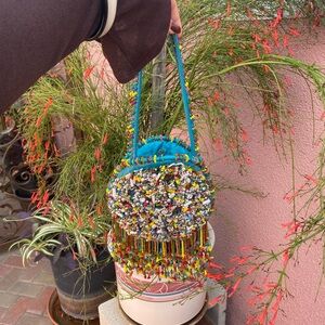Vintage Small Beaded Turquoise Fringe Women's going out hand Bag